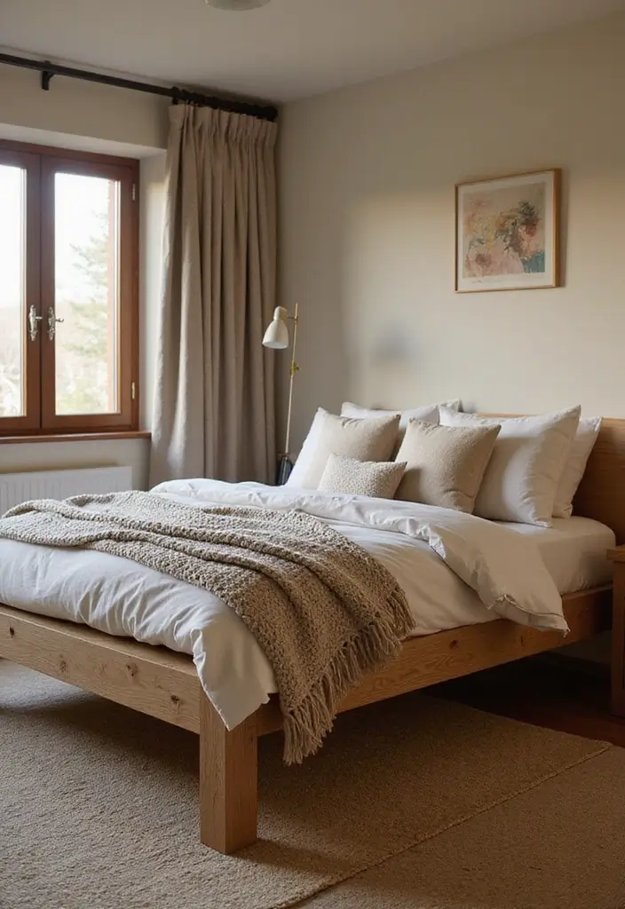 25 Bedroom Ideas with Brown Furniture That Feel Warm and Timeless - 1. Rustic Oak Bed Frame with Cozy Linens