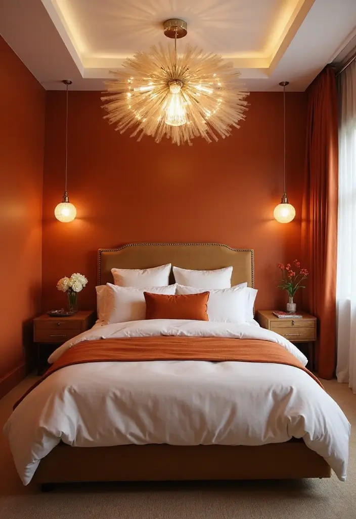 25 Burnt Orange Bedroom Ideas That Feel Warm and Trendy - 12. Statement Lighting Fixtures
