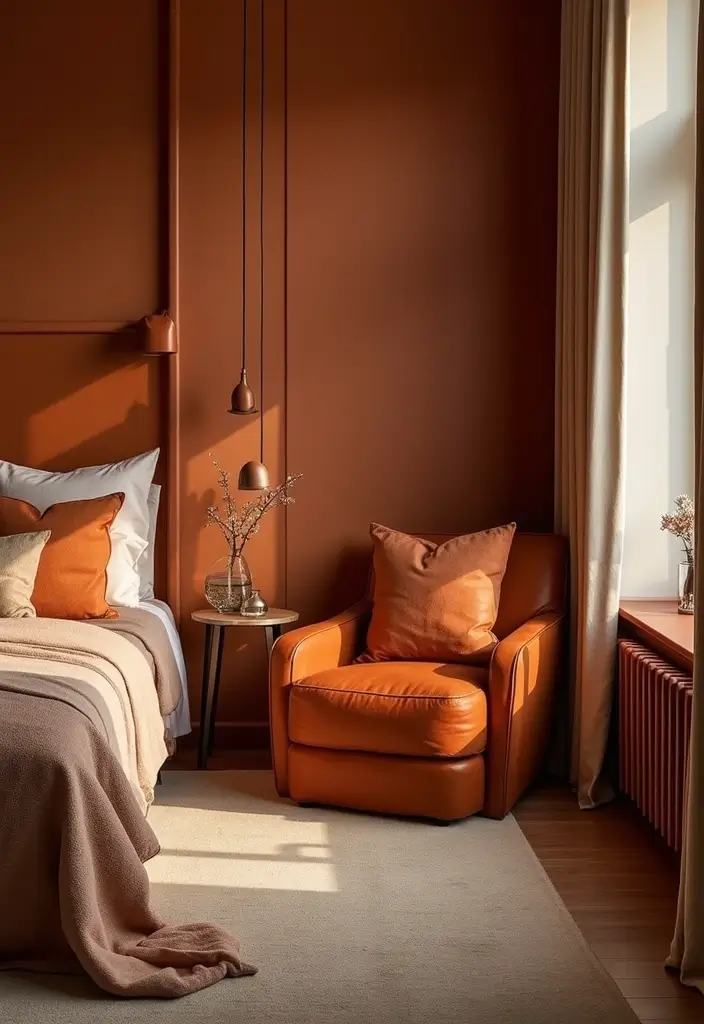 25 Burnt Orange Bedroom Ideas That Feel Warm and Trendy - 17. Warm Leather Accents
