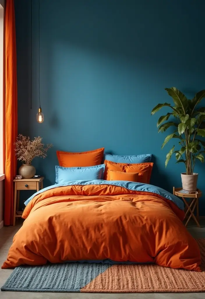 25 Burnt Orange Bedroom Ideas That Feel Warm and Trendy - 18. Combine with Blue Hues
