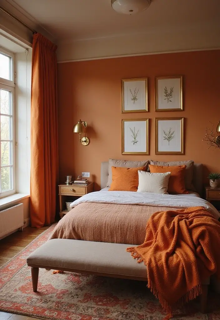 25 Burnt Orange Bedroom Ideas That Feel Warm and Trendy - 19. Incorporate Metallic Accents