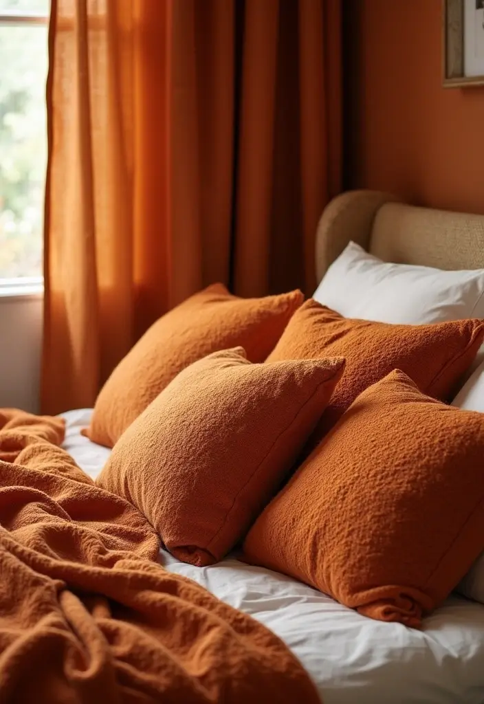 25 Burnt Orange Bedroom Ideas That Feel Warm and Trendy - 2. Cozy Textiles