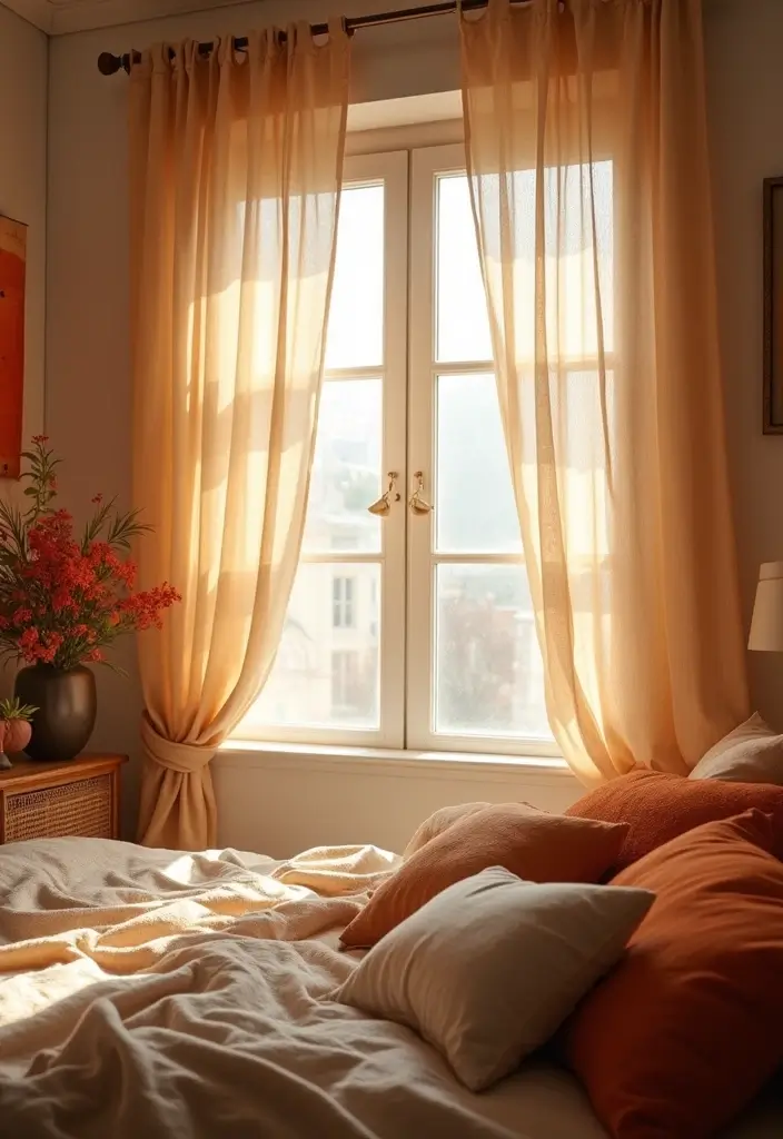 25 Burnt Orange Bedroom Ideas That Feel Warm and Trendy - 23. Natural Fiber Curtains