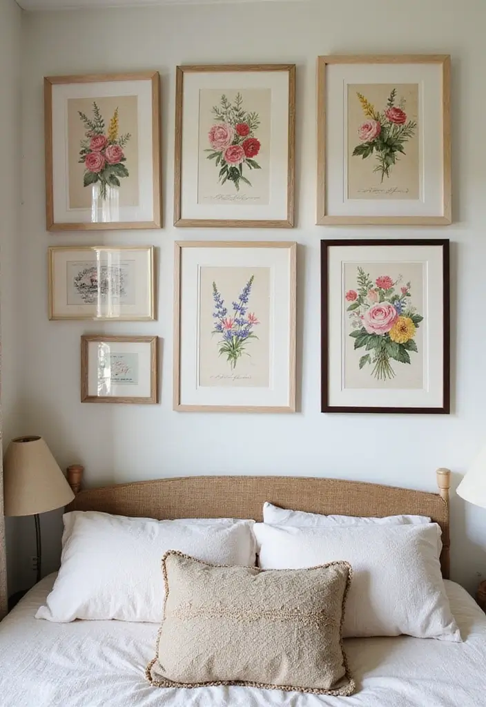 25 Cottage Core Bedroom Ideas That Bring Whimsical Charm Home - 3. Whimsical Wall Art