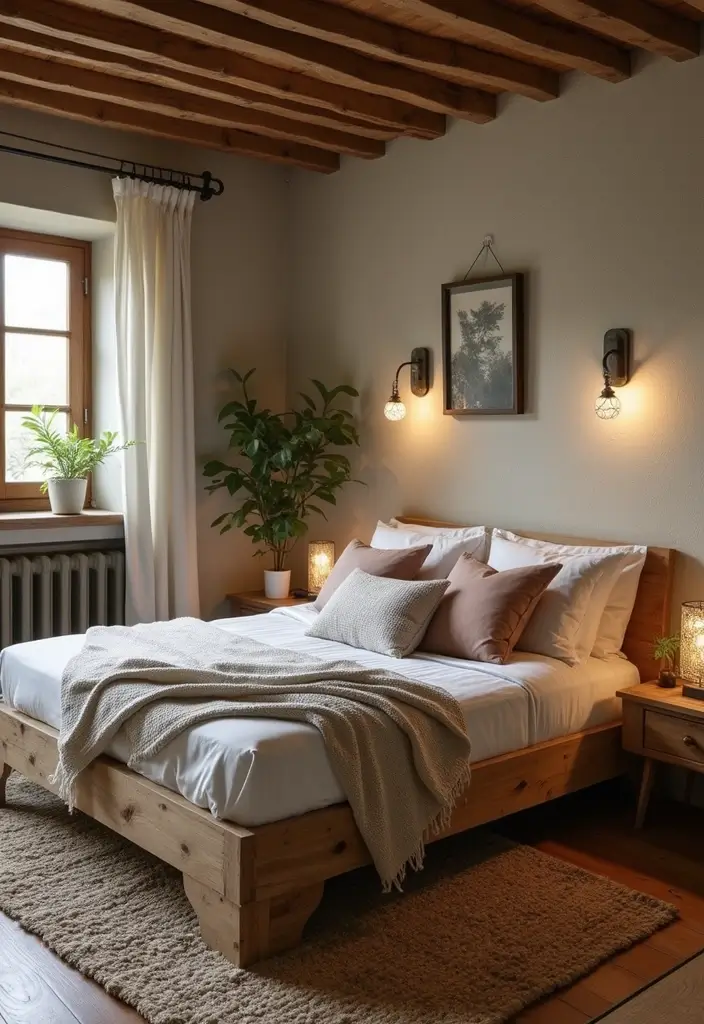 25 Low Bed Ideas for a Cozy Bedroom That Feel Zen & Grounded - 4. Rustic Low Frame