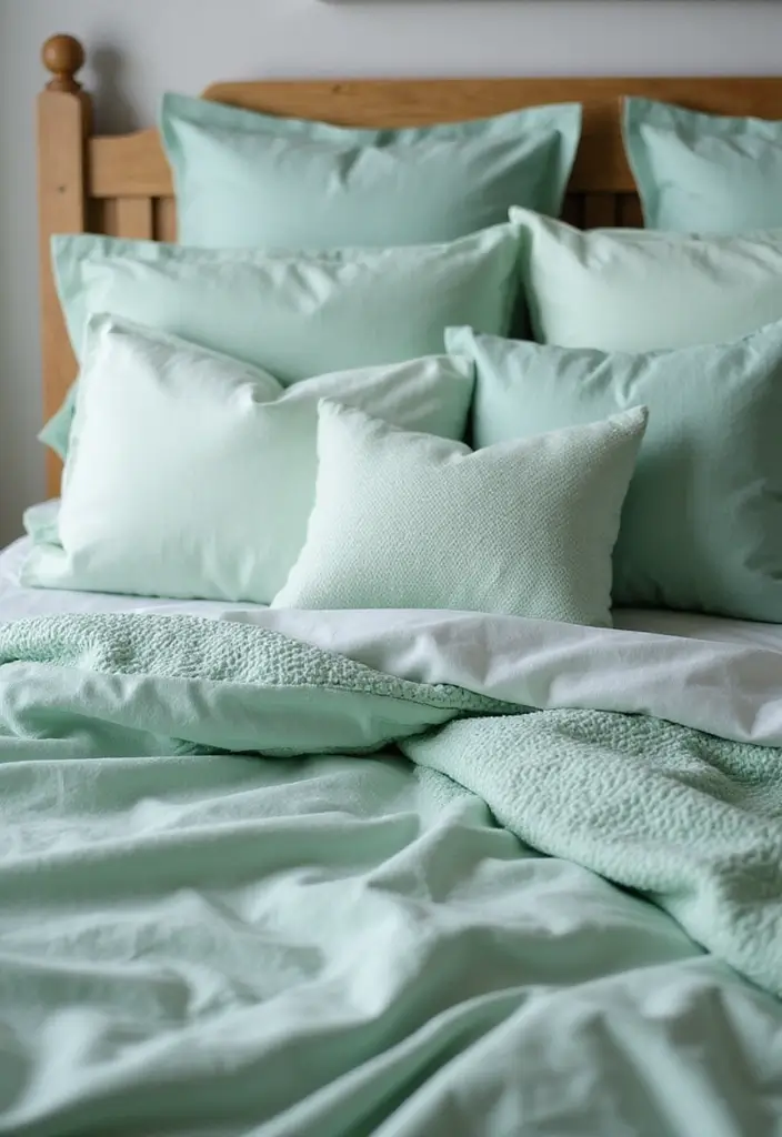 25 Mint Green Bedroom Ideas That Feel Cool & Refreshing - 12. Mint Green Bedding Mix