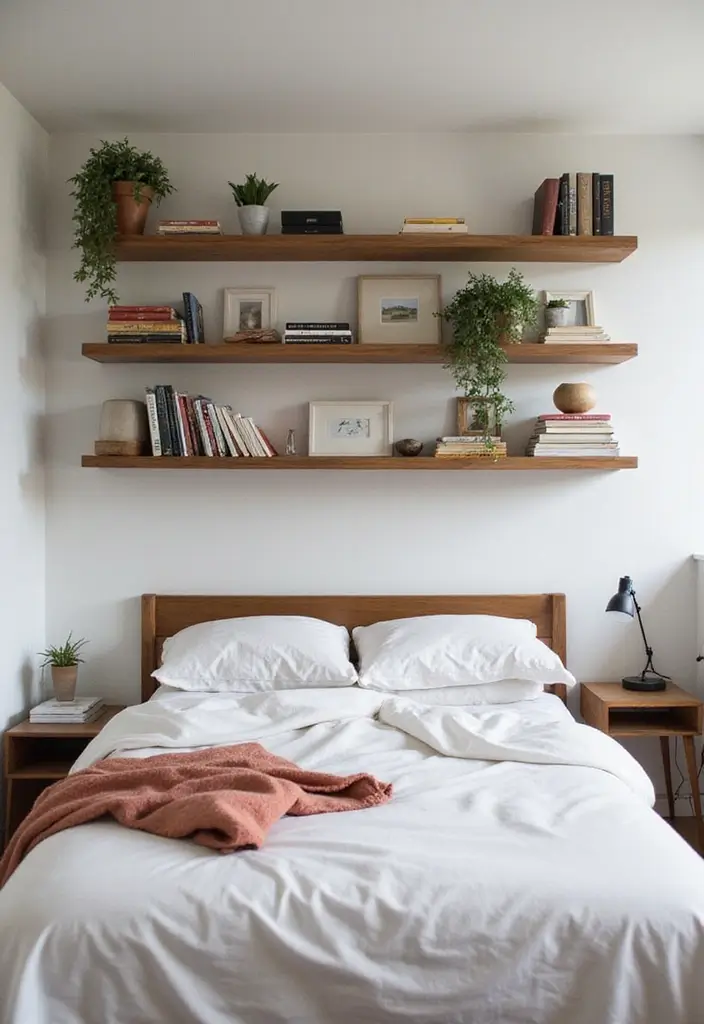 25 Small Primary Bedroom Ideas That Feel Calm & Luxurious - 11. Wall-Mounted Shelves