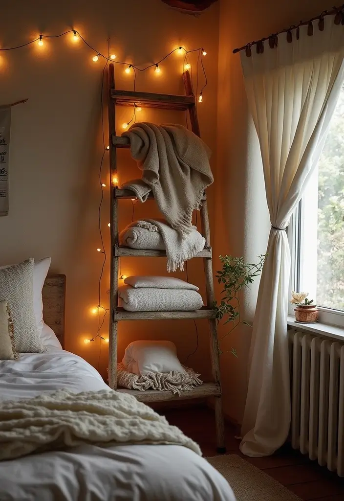 26 Country Style Bedroom Ideas That Feel Warm and Inviting - 15. Decorative Ladder Displays