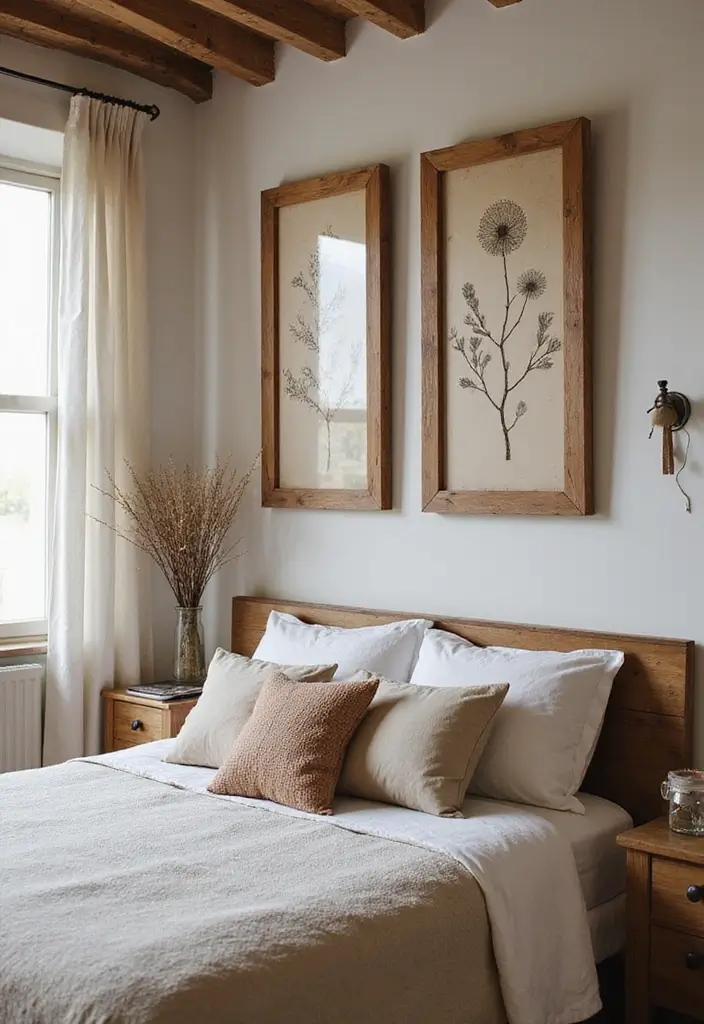26 Country Style Bedroom Ideas That Feel Warm and Inviting - 18. Earthy Artworks