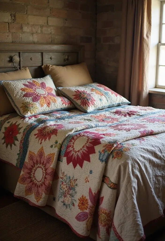 26 Country Style Bedroom Ideas That Feel Warm and Inviting - 2. Vintage Quilt Layers