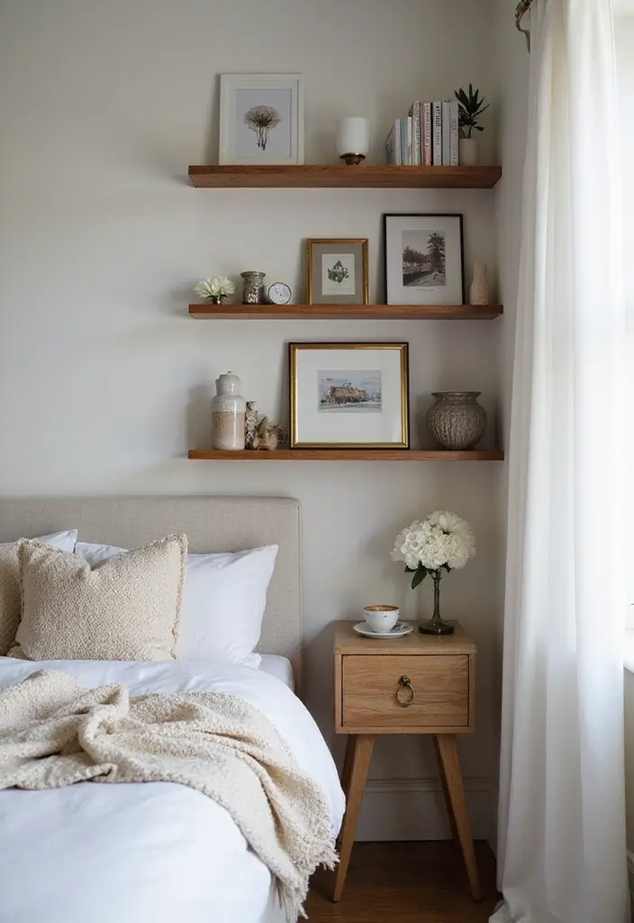 28 Corner Shelf Ideas for Bedrooms That Are Functional and Pretty - 10. Art Display Corner Shelf