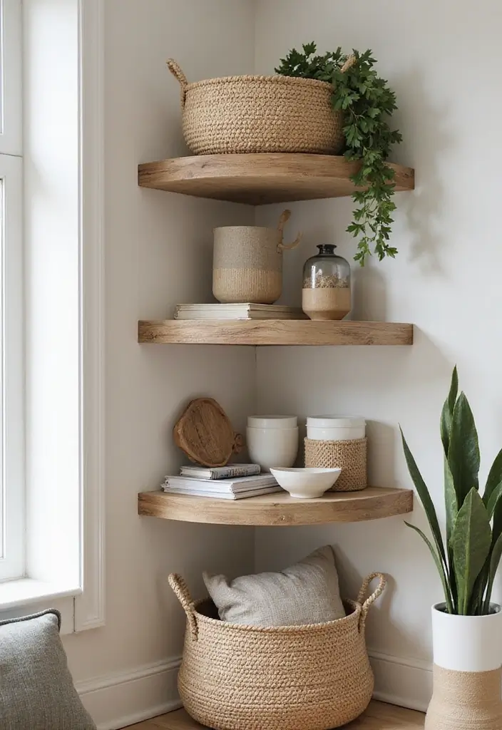 28 Corner Shelf Ideas for Bedrooms That Are Functional and Pretty - 12. Corner Shelf with Baskets