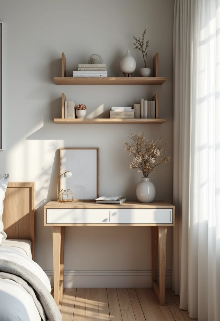 28 Corner Shelf Ideas for Bedrooms That Are Functional and Pretty - 15. Minimalist Corner Desk Shelf