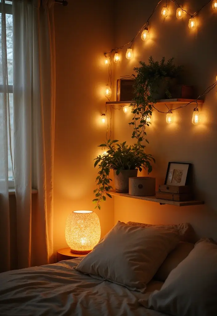 28 Corner Shelf Ideas for Bedrooms That Are Functional and Pretty - 17. Corner Shelf with Decorative Lights