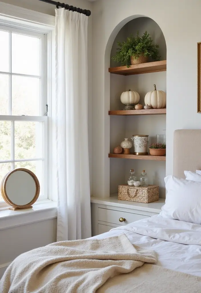 28 Corner Shelf Ideas for Bedrooms That Are Functional and Pretty - 18. Corner Shelf with Seasonal Decor