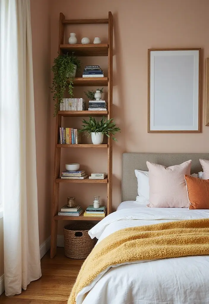 28 Corner Shelf Ideas for Bedrooms That Are Functional and Pretty - 2. Corner Ladder Shelf