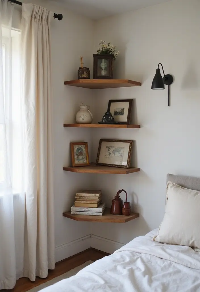 28 Corner Shelf Ideas for Bedrooms That Are Functional and Pretty - 26. Corner Shelf with Travel Memories