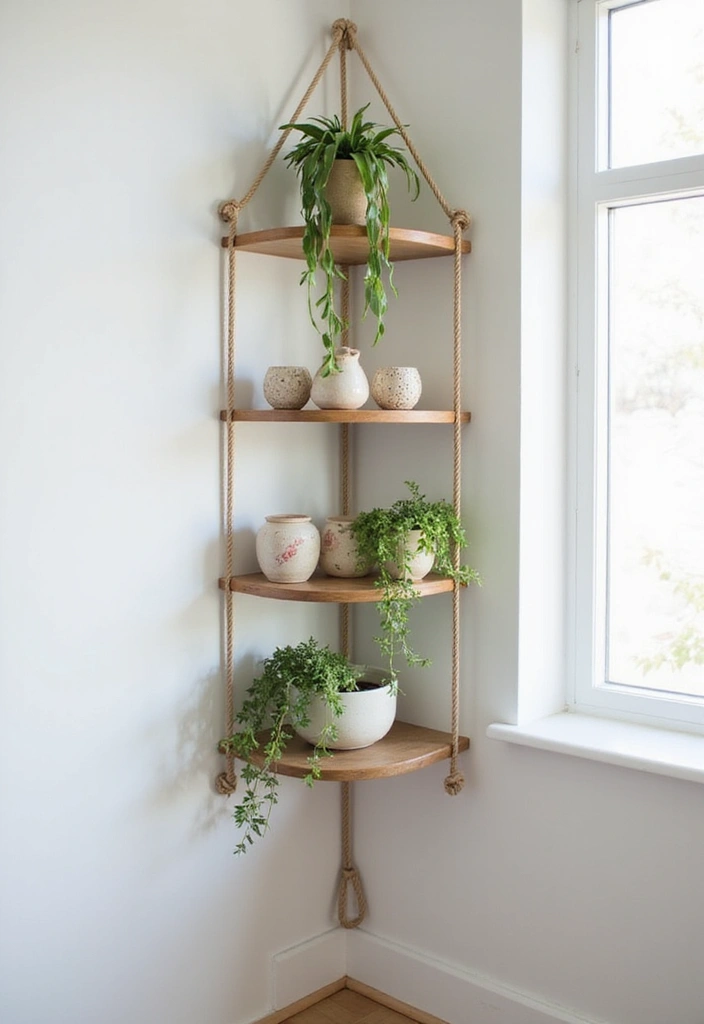 28 Corner Shelf Ideas for Bedrooms That Are Functional and Pretty - 5. String Shelf with Hanging Plants