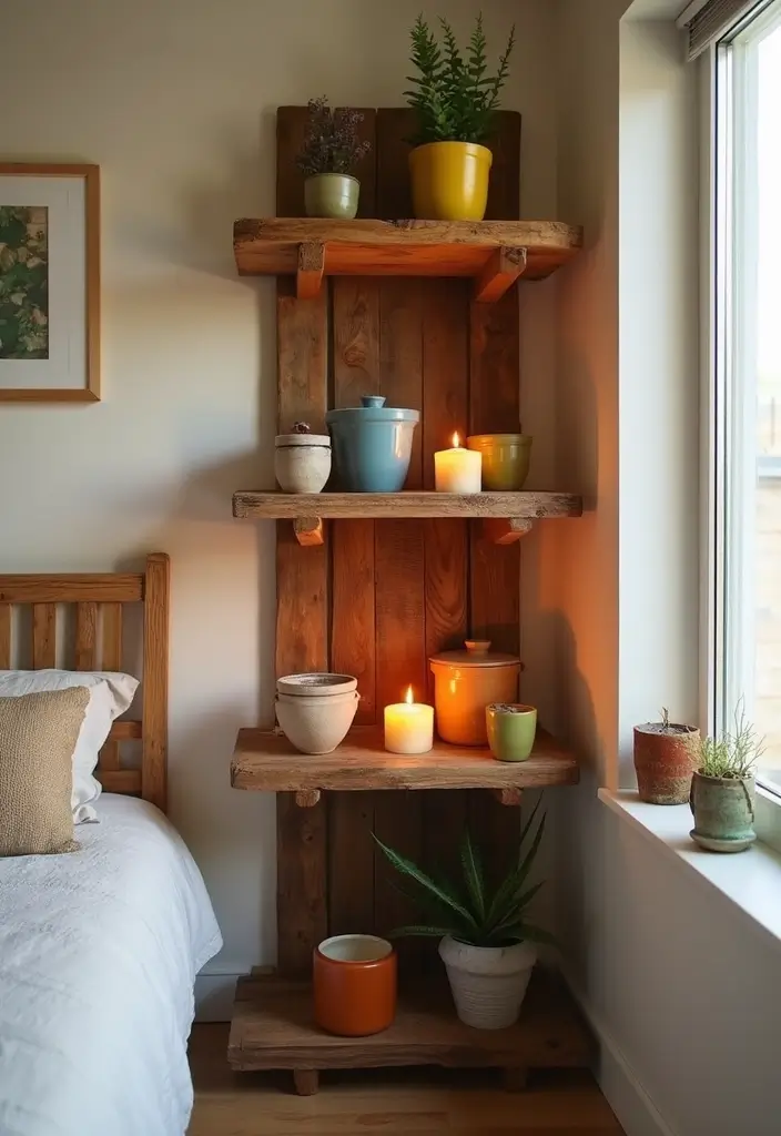 28 Corner Shelf Ideas for Bedrooms That Are Functional and Pretty - 6. Rustic Pallet Shelf
