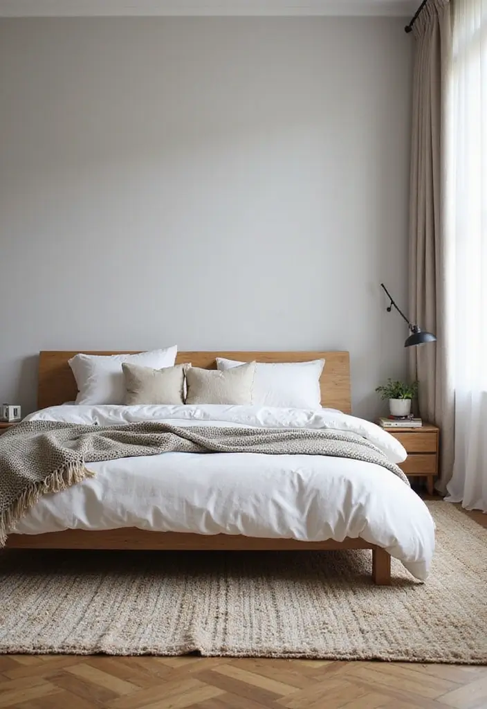 28 Minimalist Bedroom Decor Ideas That Feel Calm and Clutter-Free - 16. Layering Rugs
