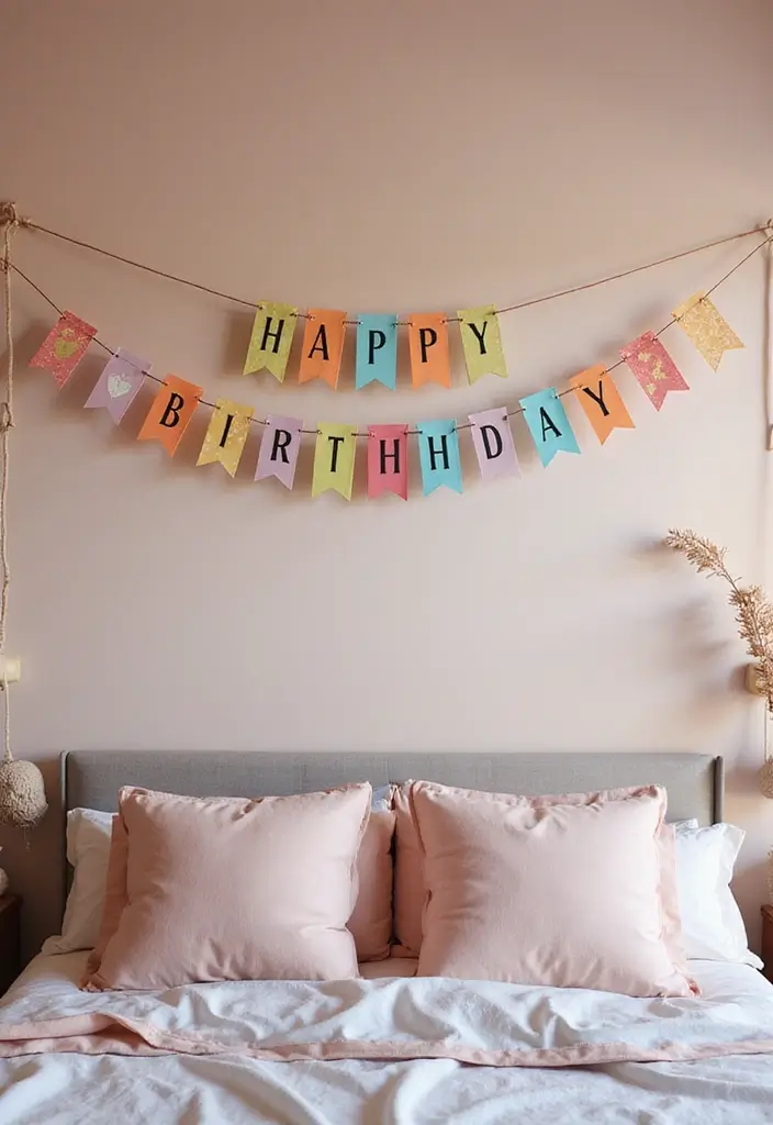 29 Romantic Bedroom Ideas for Him's Birthday That Feel Personal & Cozy - 29. Personalized Birthday Banner