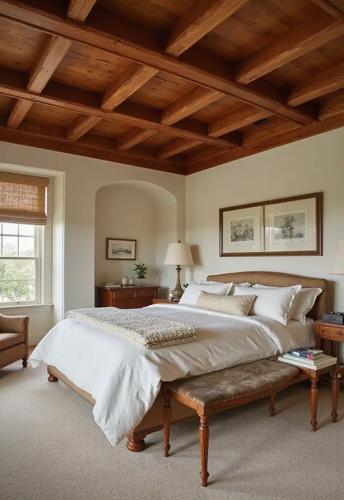 30 Cherry Wood Bedroom Decor Ideas That Feel Rich and Cozy - 13. Cherry Wood Ceiling Beams
