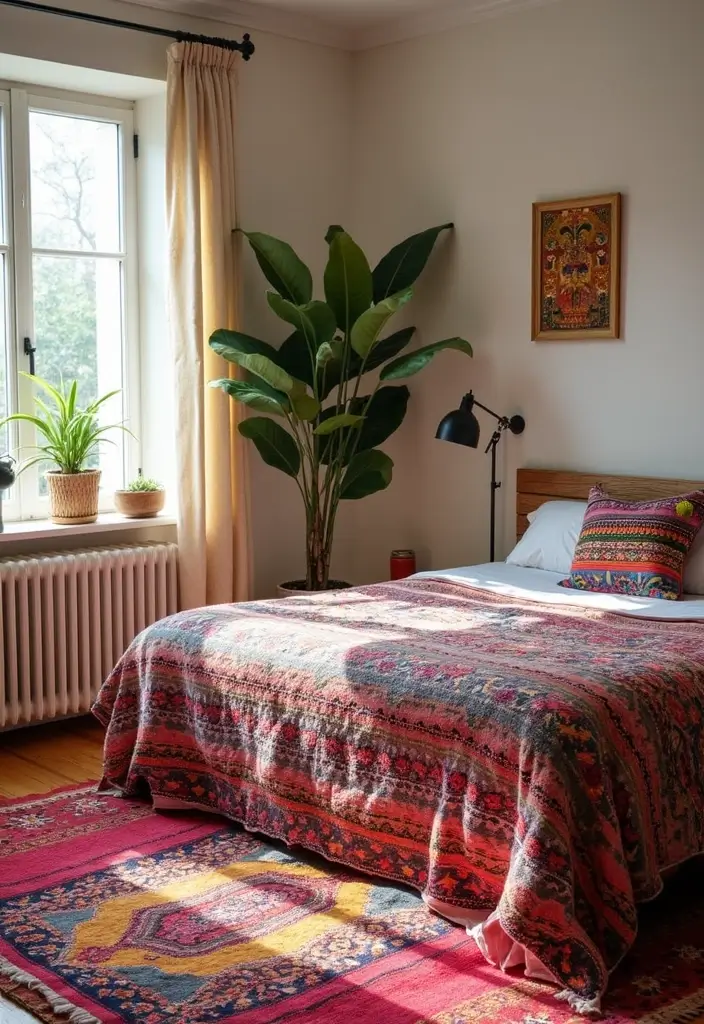 30 Cozy Boho Bedroom Ideas That Feel Dreamy and Relaxed - 17. Chindi Rugs for a Pop of Color