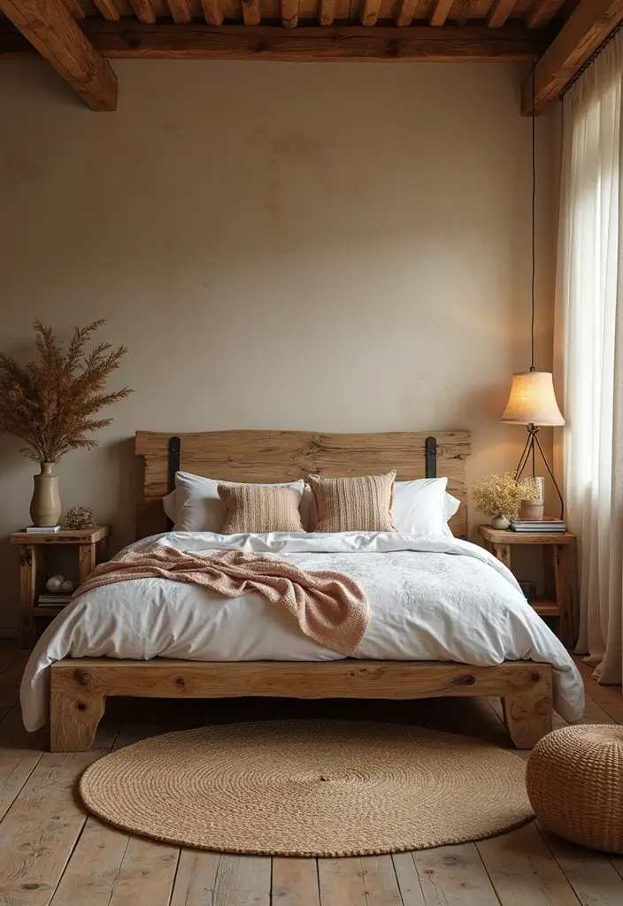 30 Cozy Boho Bedroom Ideas That Feel Dreamy and Relaxed - 18. Reclaimed Wood Furniture