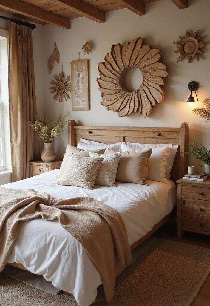30 Cozy Boho Bedroom Ideas That Feel Dreamy and Relaxed - 25. Handcrafted Wooden Decor