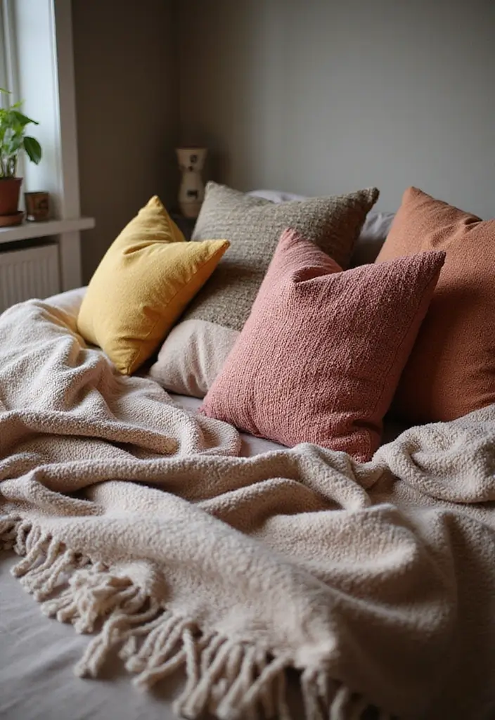 30 Cozy Boho Bedroom Ideas That Feel Dreamy and Relaxed - 9. Textured Throws and Pillows