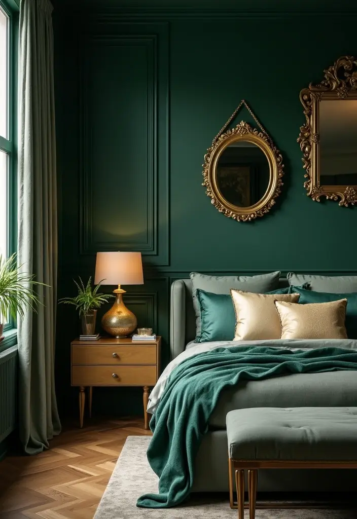 30 Dark Green Bedroom Ideas That Feel Cozy, Calm & Luxurious - 10. Dark Green with Gold Accents