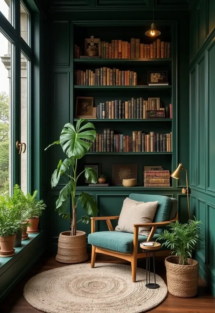 30 Dark Green Bedroom Ideas That Feel Cozy, Calm & Luxurious - 13. Cozy Reading Nook