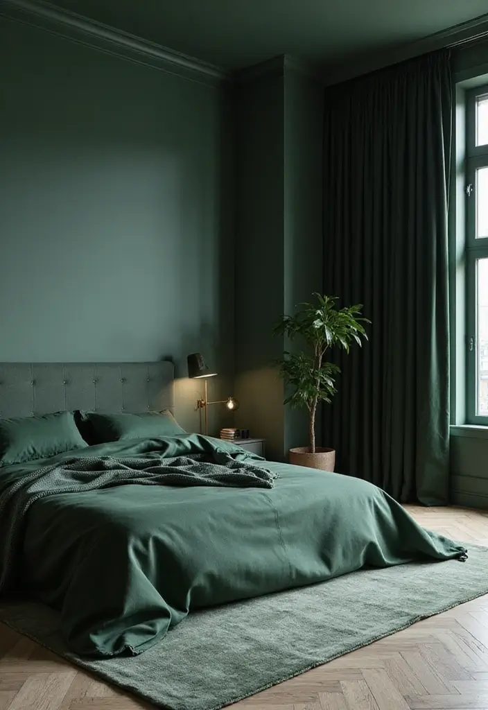 30 Dark Green Bedroom Ideas That Feel Cozy, Calm & Luxurious - 14. Minimalistic Dark Green Decor