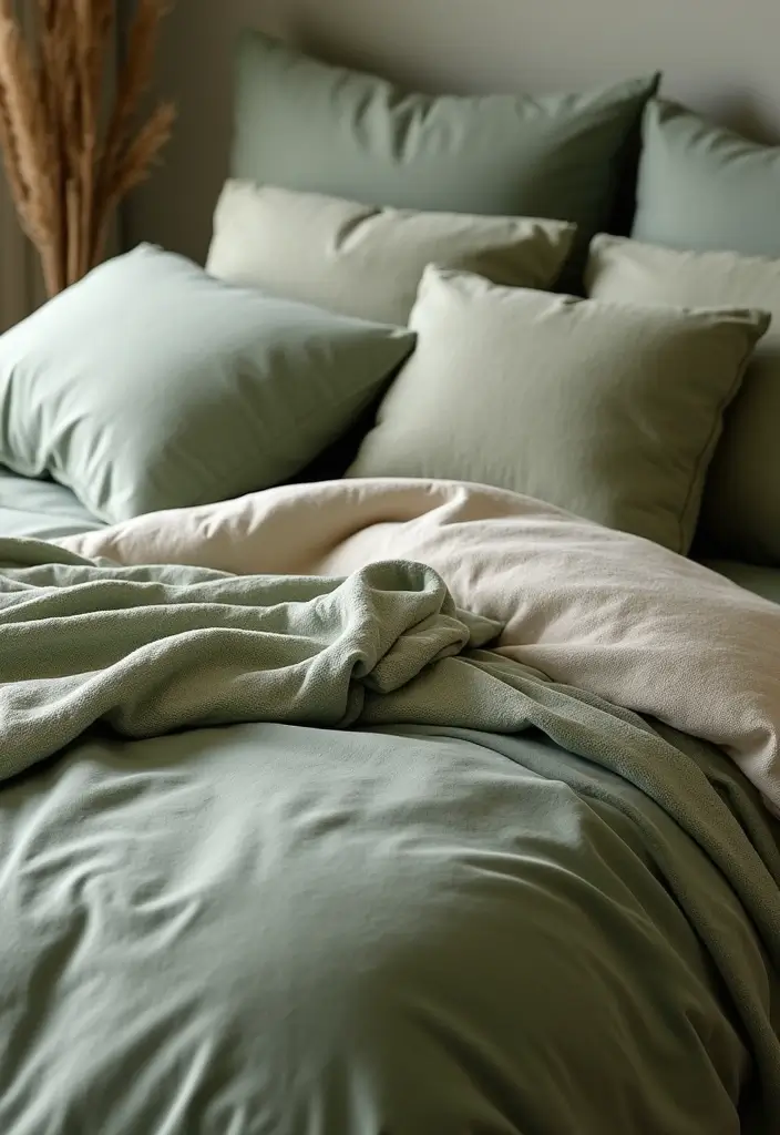 30 Dark Green Bedroom Ideas That Feel Cozy, Calm & Luxurious - 19. Natural Fiber Bedding