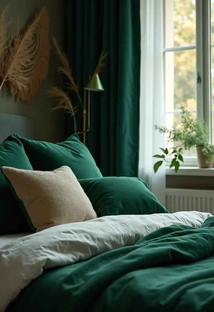 30 Dark Green Bedroom Ideas That Feel Cozy, Calm & Luxurious - 2. Lush Green Textiles