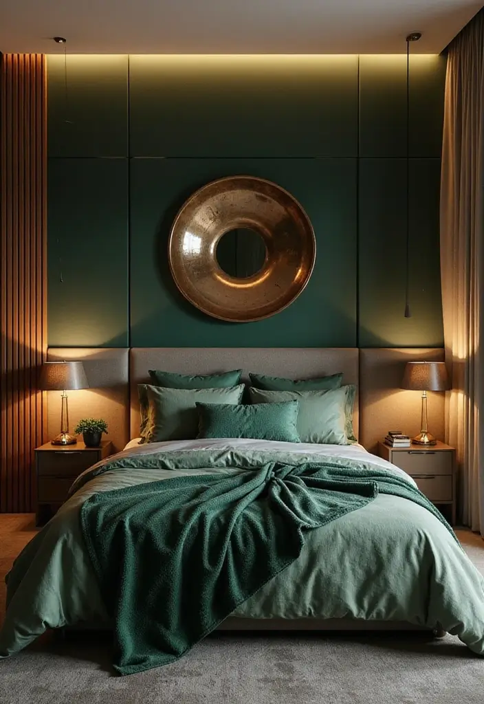 30 Dark Green Bedroom Ideas That Feel Cozy, Calm & Luxurious - 20. Warm Metallic Accents