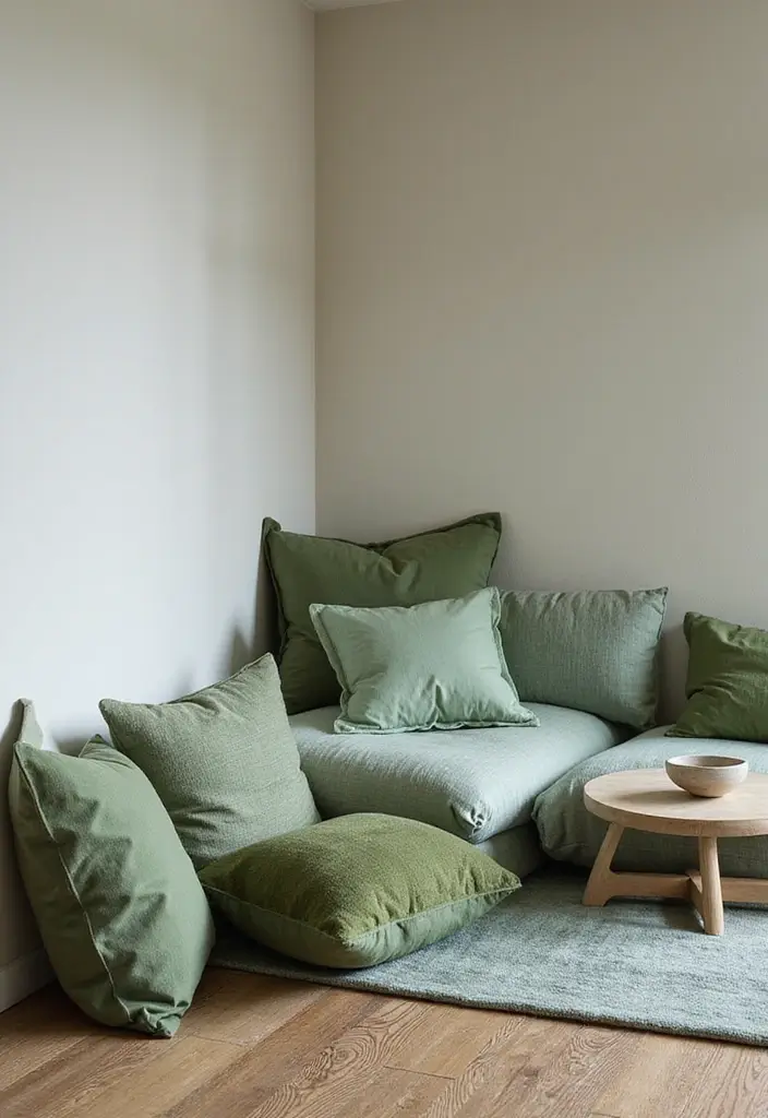 30 Dark Green Bedroom Ideas That Feel Cozy, Calm & Luxurious - 24. Cozy Corner with Floor Cushions