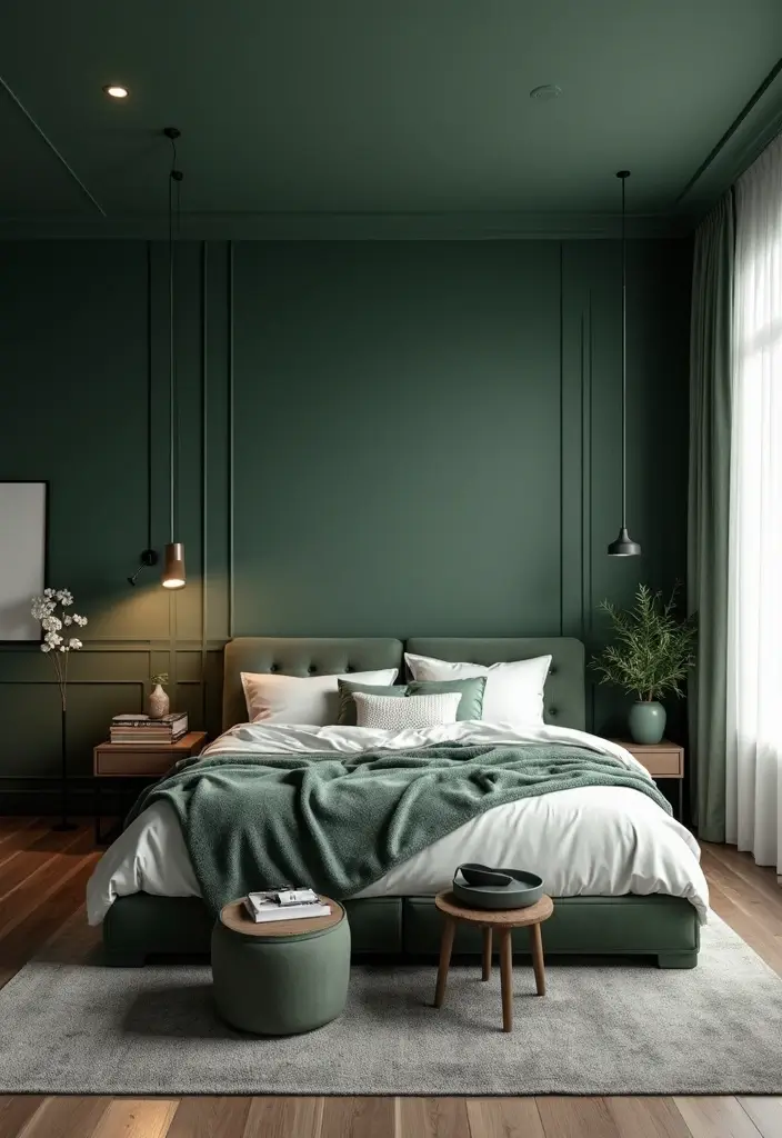 30 Dark Green Bedroom Ideas That Feel Cozy, Calm & Luxurious - 27. Dark Green and Gray Combination