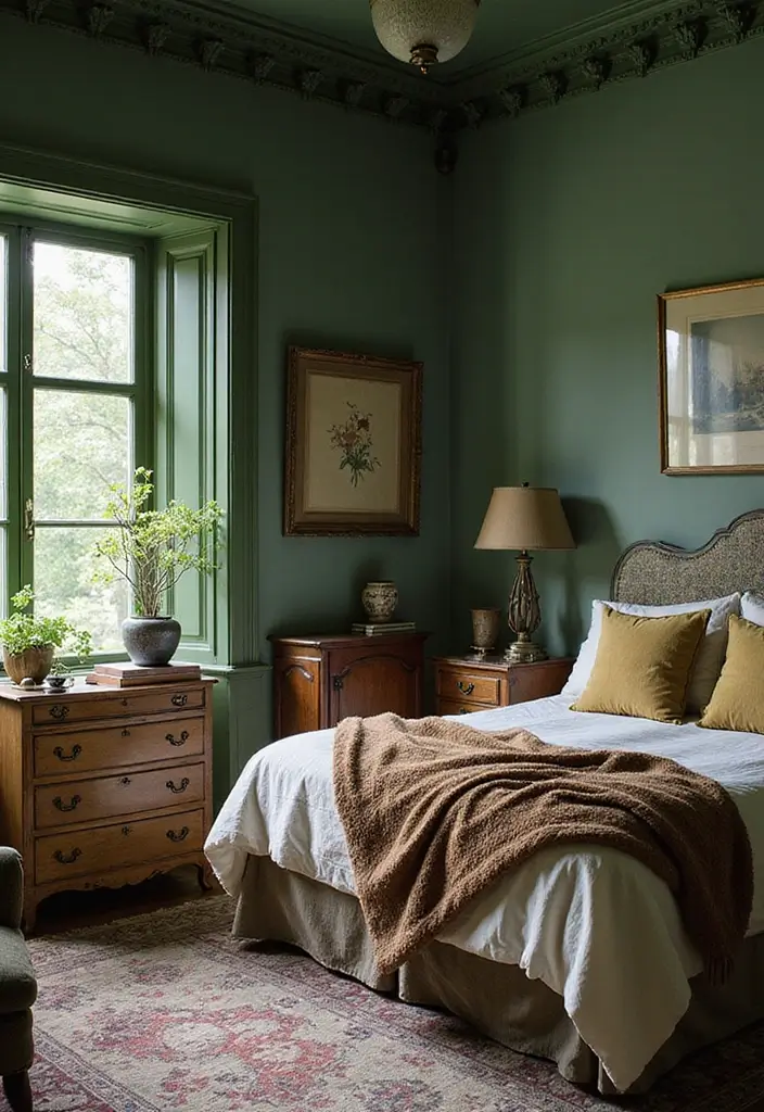 30 Dark Green Bedroom Ideas That Feel Cozy, Calm & Luxurious - 8. Vintage Touches