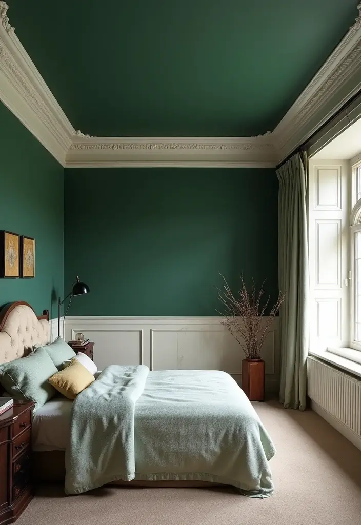 30 Dark Green Bedroom Ideas That Feel Cozy, Calm & Luxurious - 9. Dark Green Ceiling