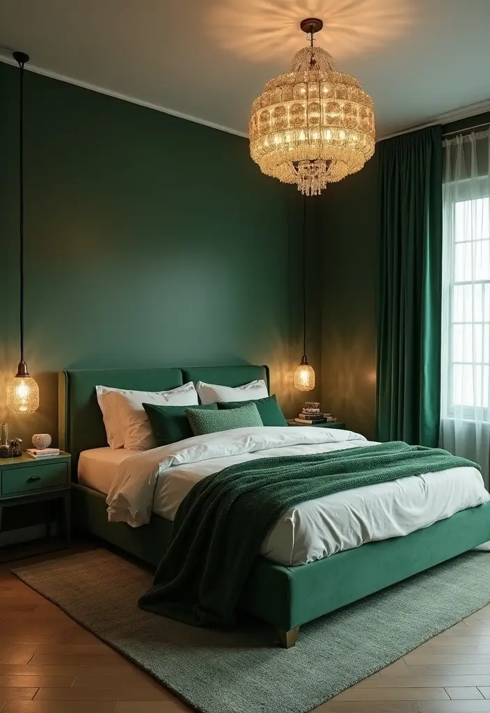 30 Forest Green Bedroom Ideas That Bring Nature Indoors - 24. Statement Lighting