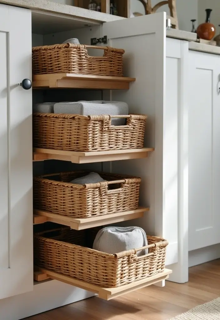 30 Inside Cupboard Ideas Bedroom That Maximize Storage - 2. Pull-Out Baskets for Easy Access