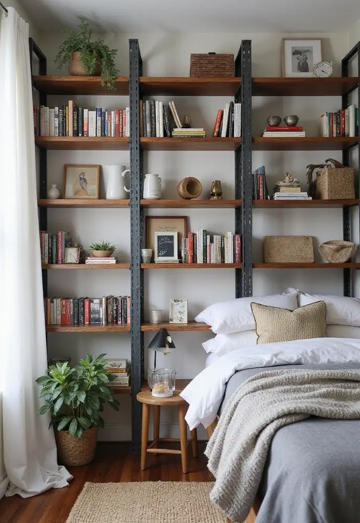 30 Men’s Small Bedroom Ideas That Feel Minimal & Masculine - 1. Industrial Chic with Open Shelving