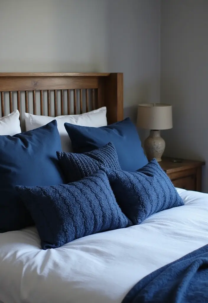 30 Midnight Blue Bedroom Ideas That Feel Bold and Sophisticated - 14. Midnight Blue Throw Pillows