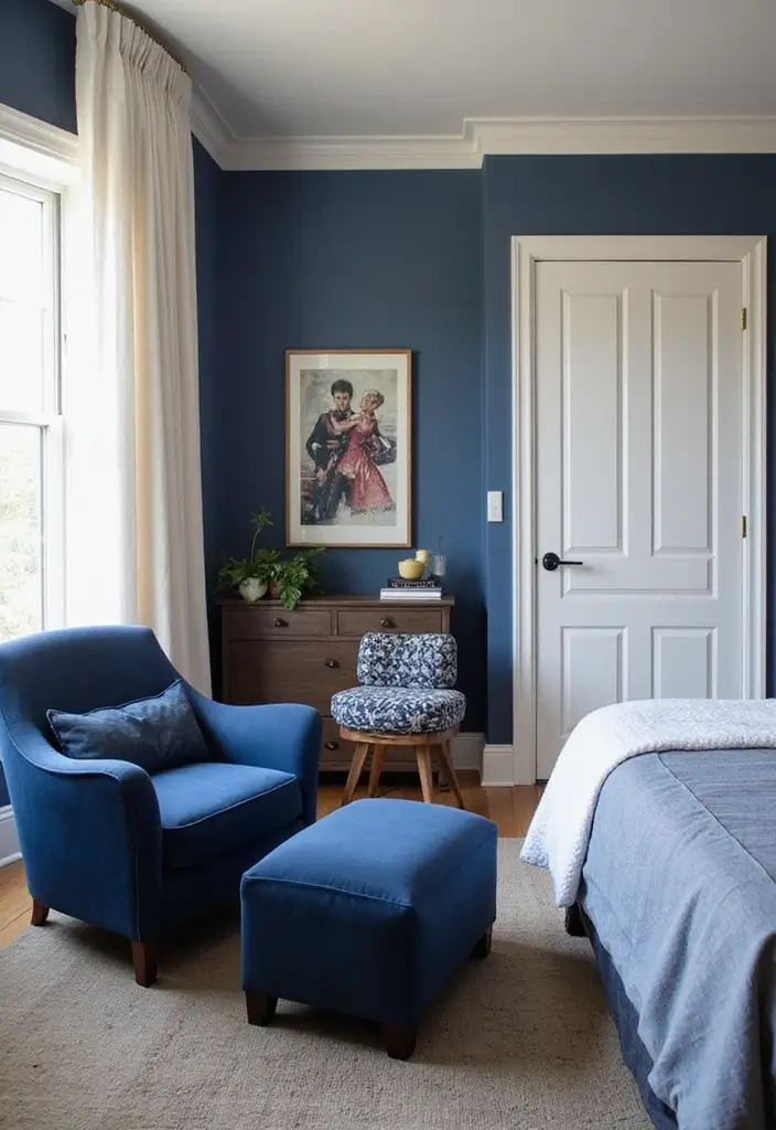30 Midnight Blue Bedroom Ideas That Feel Bold and Sophisticated - 16. Midnight Blue Accent Furniture