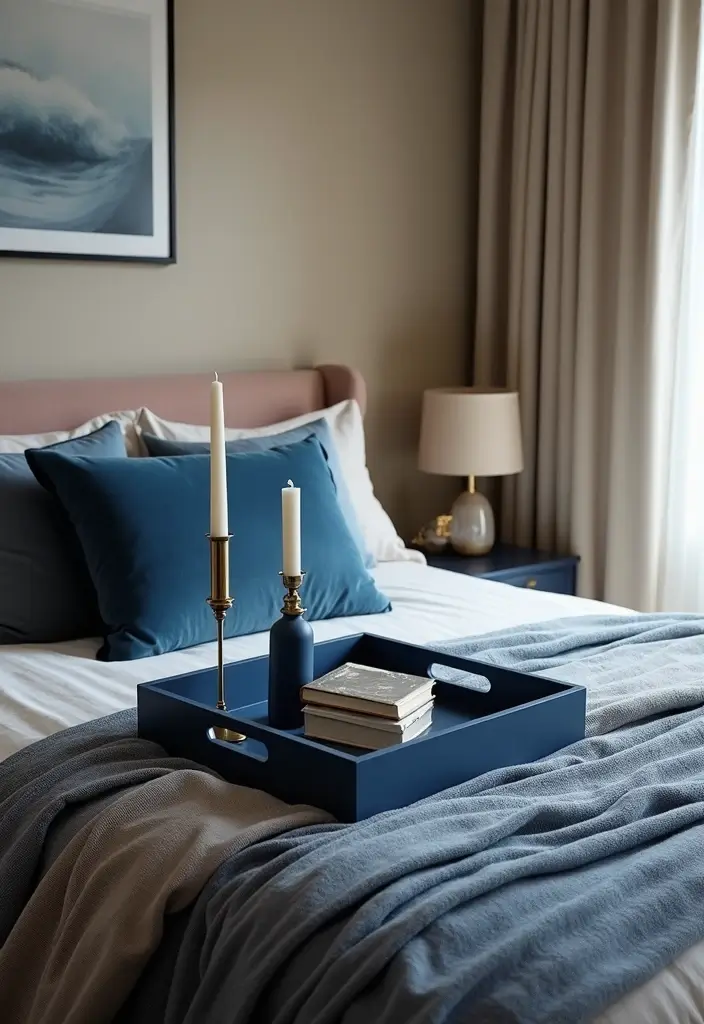 30 Midnight Blue Bedroom Ideas That Feel Bold and Sophisticated - 19. Midnight Blue Decorative Trays