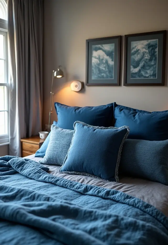 30 Midnight Blue Bedroom Ideas That Feel Bold and Sophisticated - 20. Midnight Blue Accent Pillows