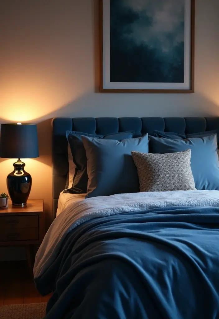30 Midnight Blue Bedroom Ideas That Feel Bold and Sophisticated - 22. Midnight Blue Bedside Lamps