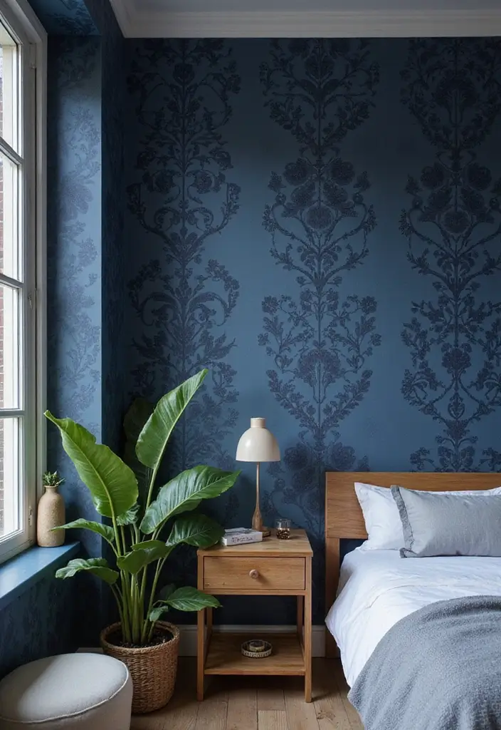 30 Midnight Blue Bedroom Ideas That Feel Bold and Sophisticated - 24. Midnight Blue Accent Wallpaper