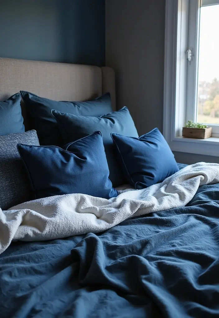 30 Midnight Blue Bedroom Ideas That Feel Bold and Sophisticated - 27. Midnight Blue Decorative Pillows